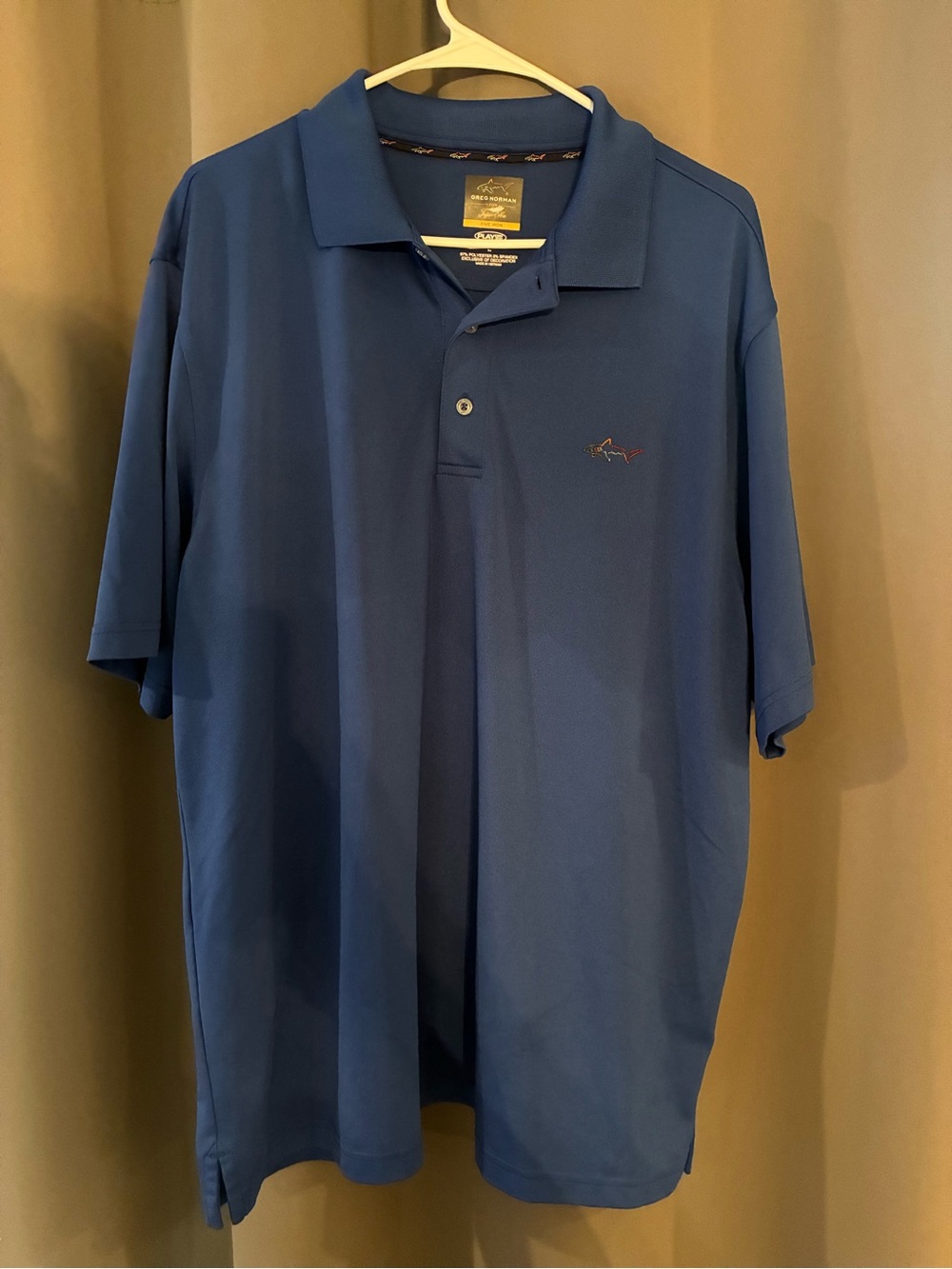 Greg Norman Men's Polo Shirt Large Blue, Play-Dry, Shark Performance Golf Logo